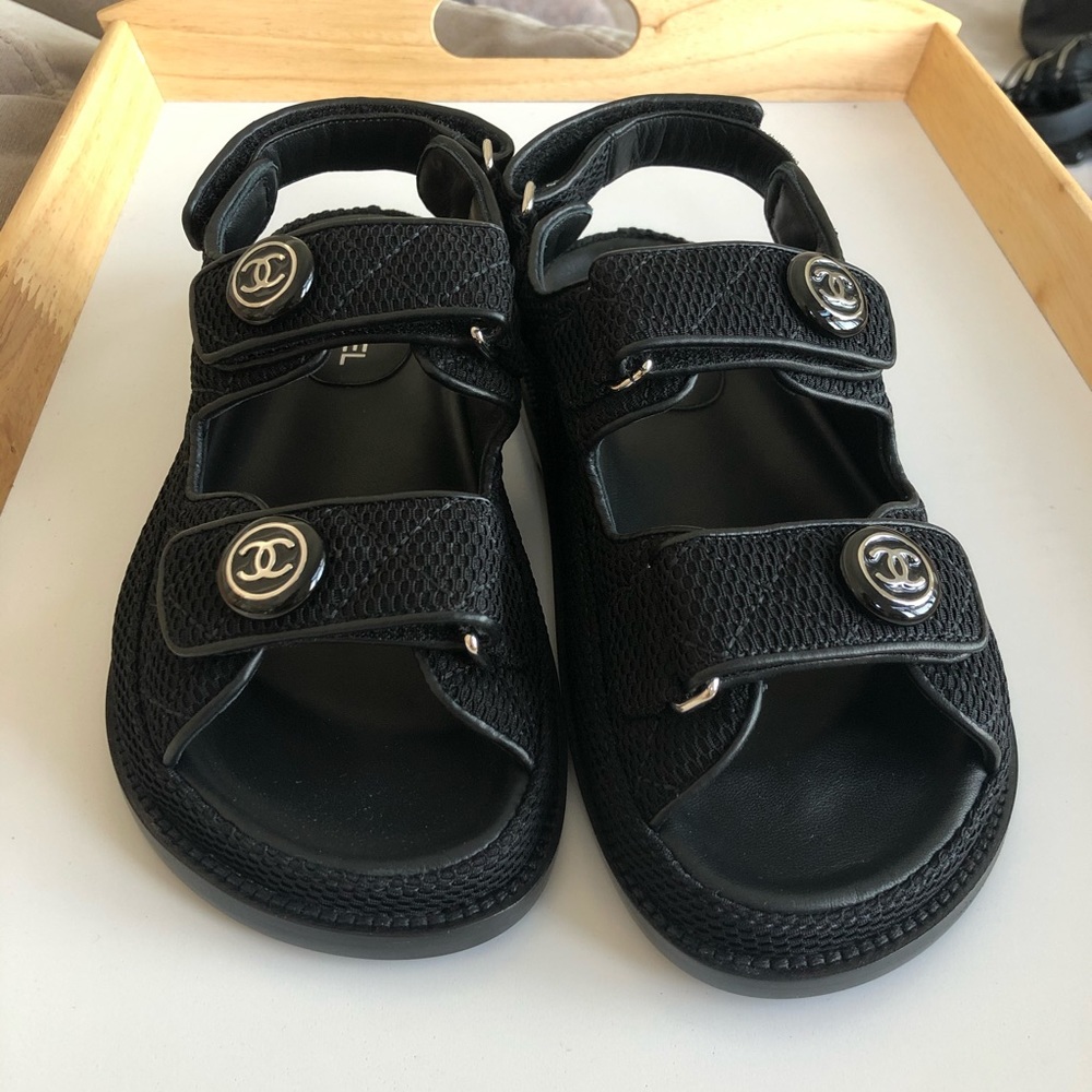 NEW AUTH Chanel Black Dad Sandals 34.5 5